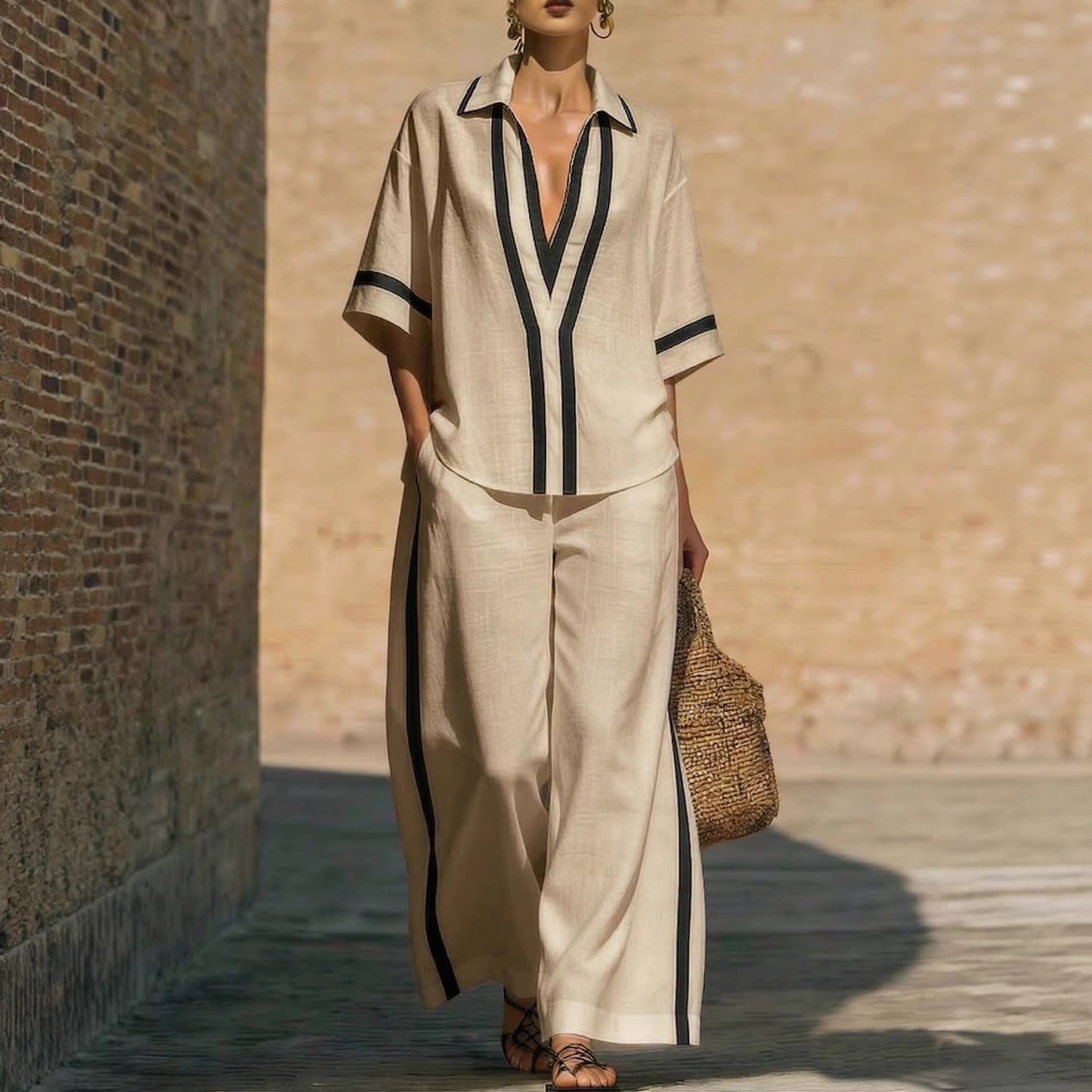Fashionable Loose Casual Color-Block Short-Sleeve Shirt And Wide-Leg Pants Two-Piece Set