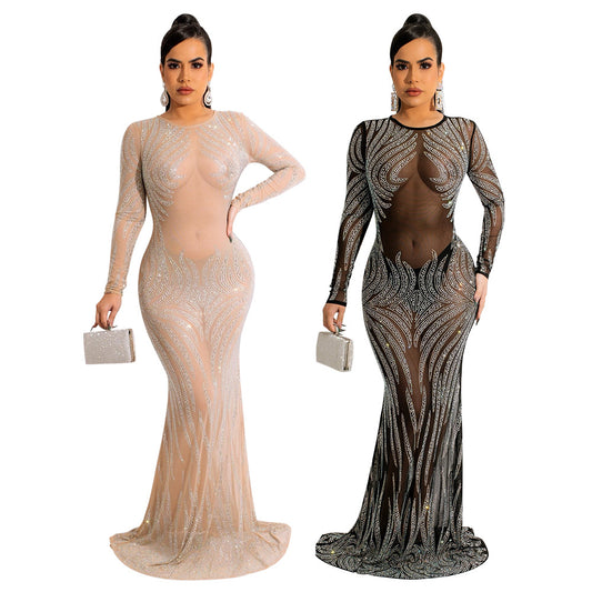 Banquet Red Carpet See-Through Rhinestone Fishtail Dress
