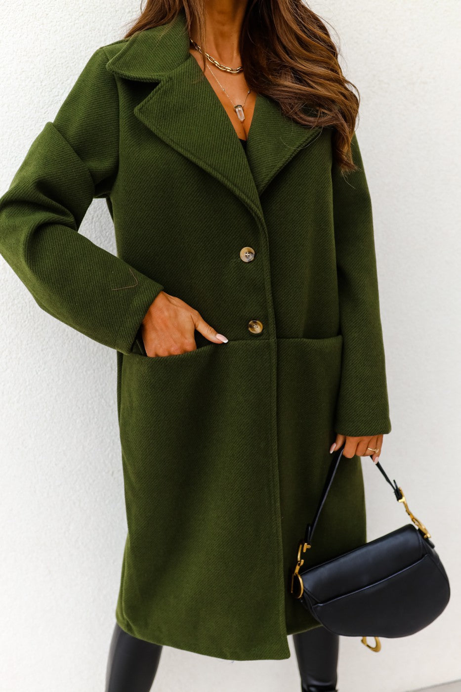 Long-Sleeve Double-Pocket Button Woolen Coat for Women