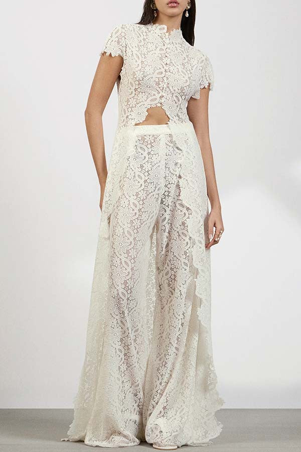 Womens Lace Solid Color Hollow-Out Crew Neck Fashionable Top And Pants Set