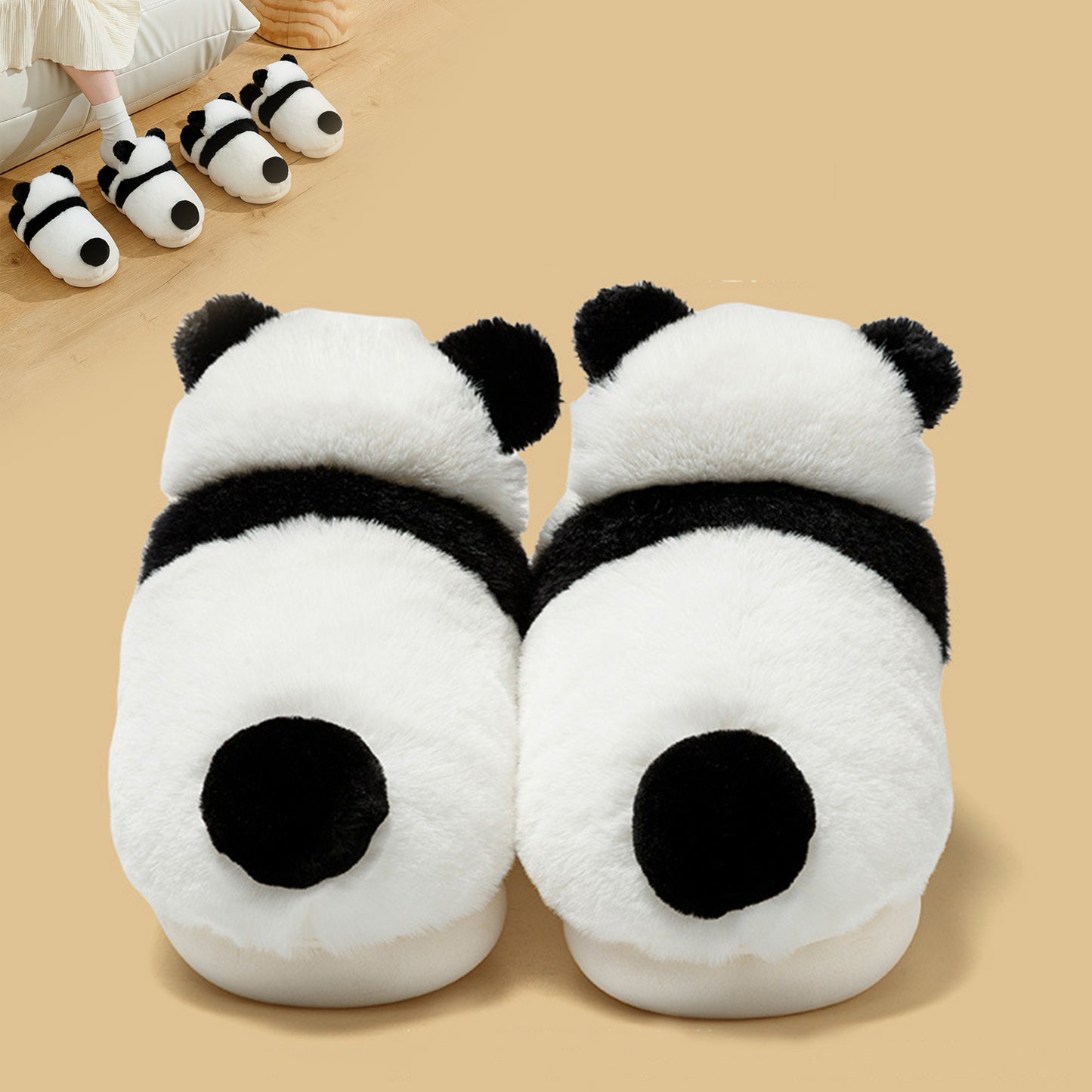 Plush Panda Slippers Warm Cartoon Shoes For Women - Thick-Sole Footwear Non-Slip Fluffy Slides