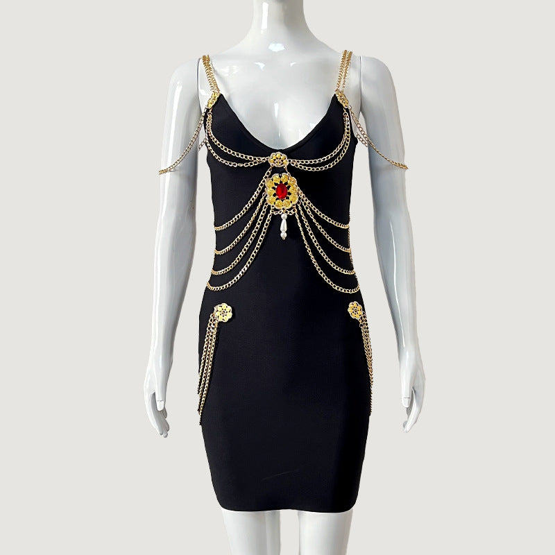 Gold Chain Bandage Evening Mini Dress