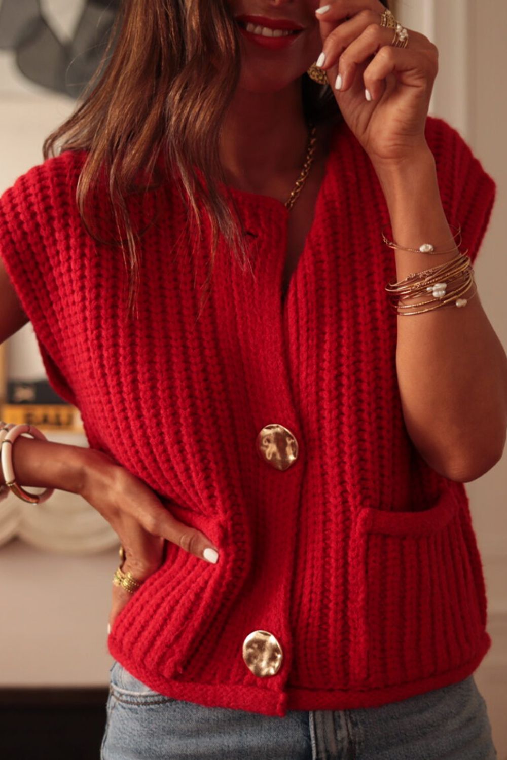 Button Down Sweater Vest With Pockets - US Only