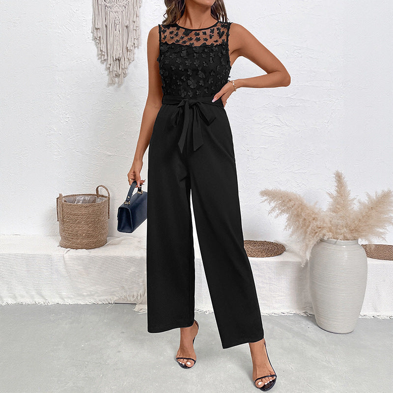 Lace Patchwork Round-Neck Jumpsuit