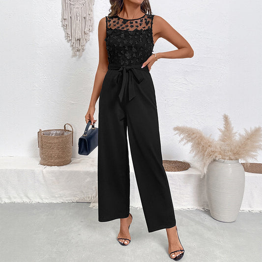 Lace Patchwork Round-Neck Jumpsuit