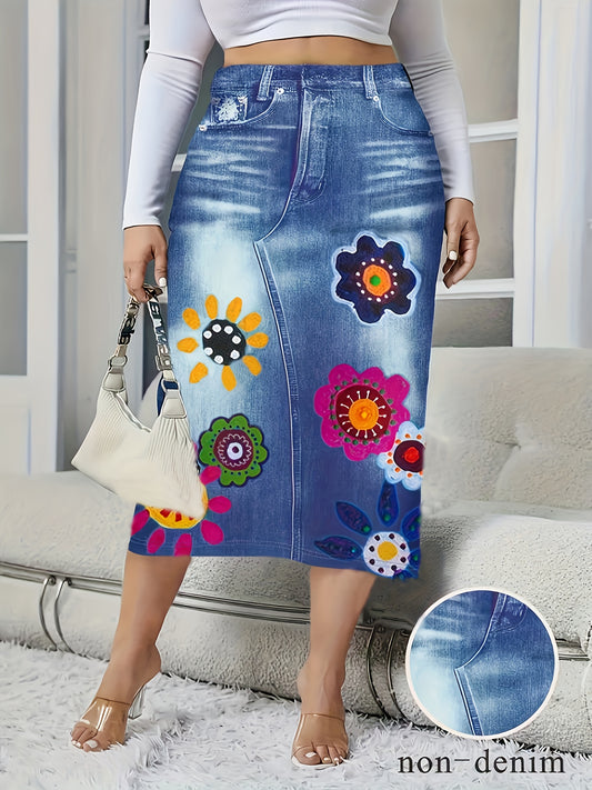 Plus-Size Faux Denim Floral Print Skirt