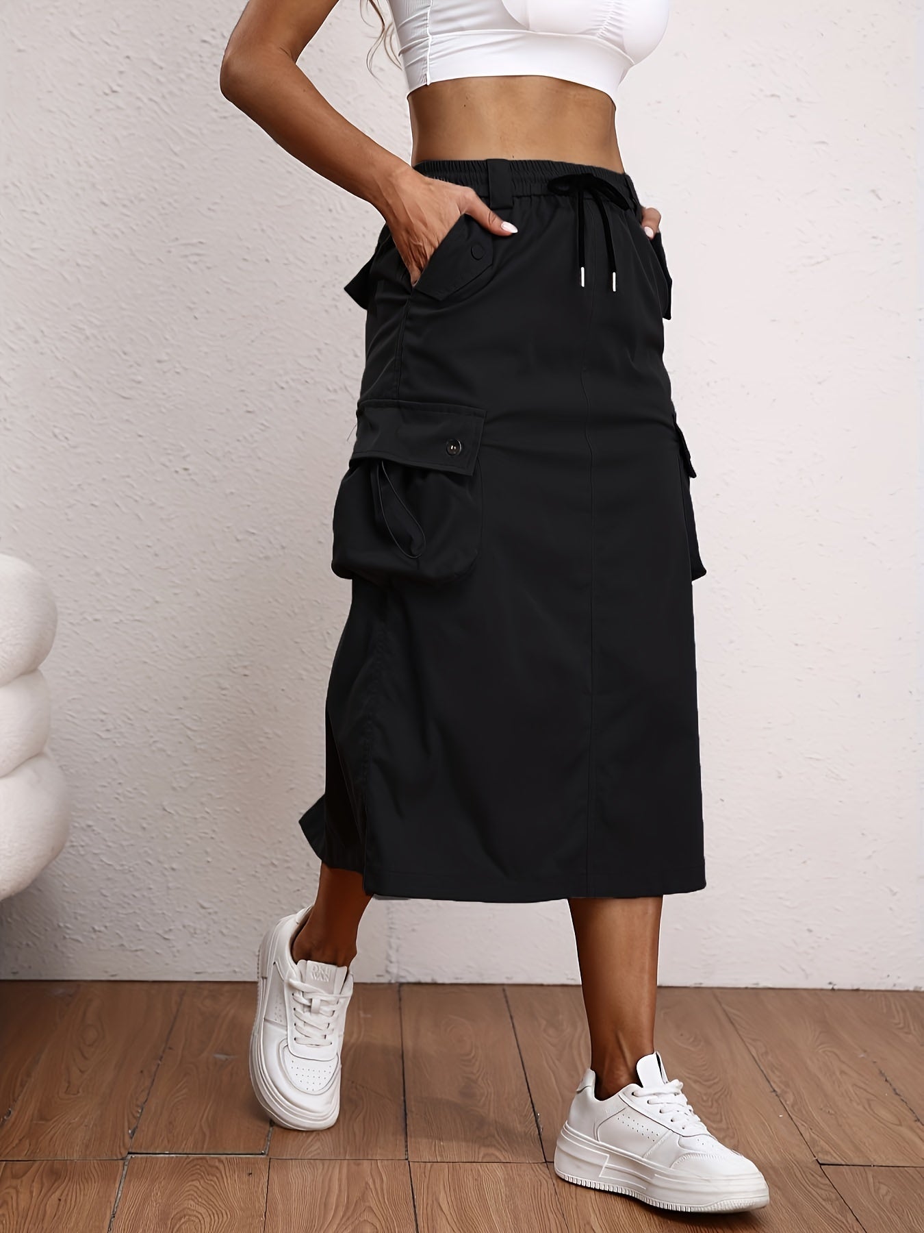 Solid Flap Pockets Skirt