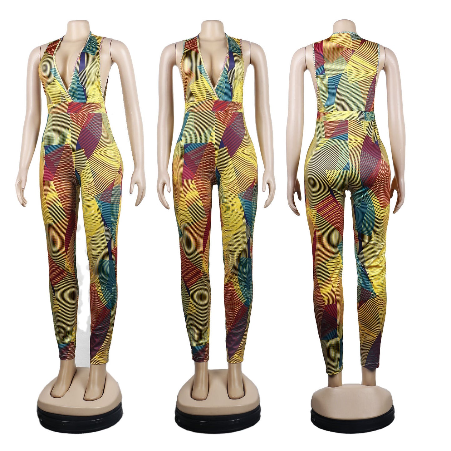 European & American Deep-V Stripe Digital Printing Jumpsuit