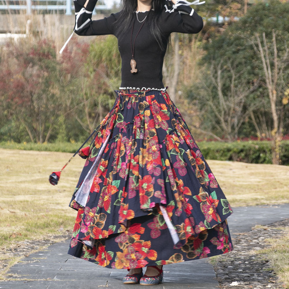 Ethnic-Style Cotton And Linen Printed Skirt