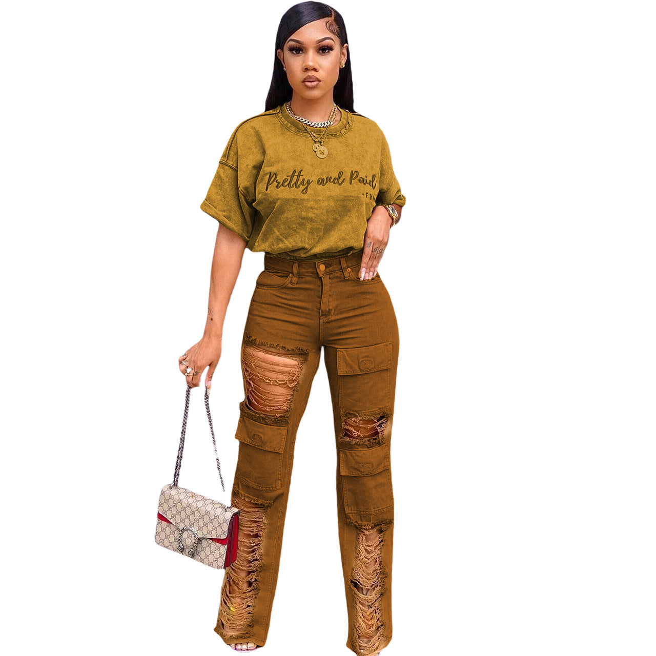 Denim-With-Hole Embroidery Women's Outfit - Street Hipster