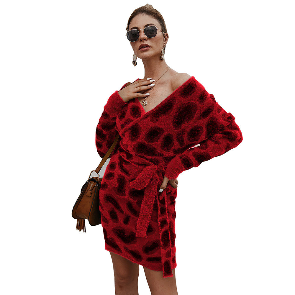 Leopard Print Woollen Long-Sleeve Dress