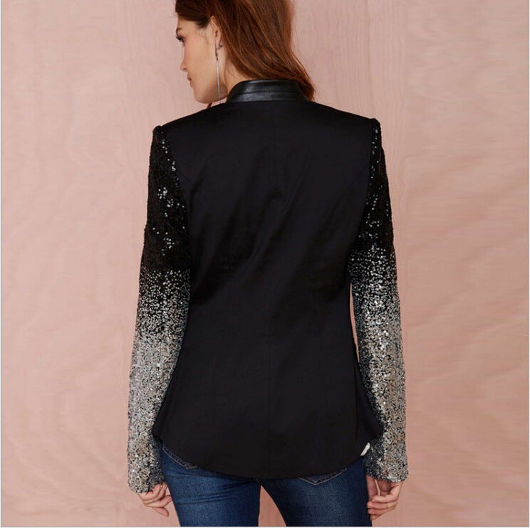 Women Thin Jacket Coat 2021 Spring Autumn Long Sleeve Lapel Fashion Silver Black Sequin Elegant Slim Work Blazers Suit feminino