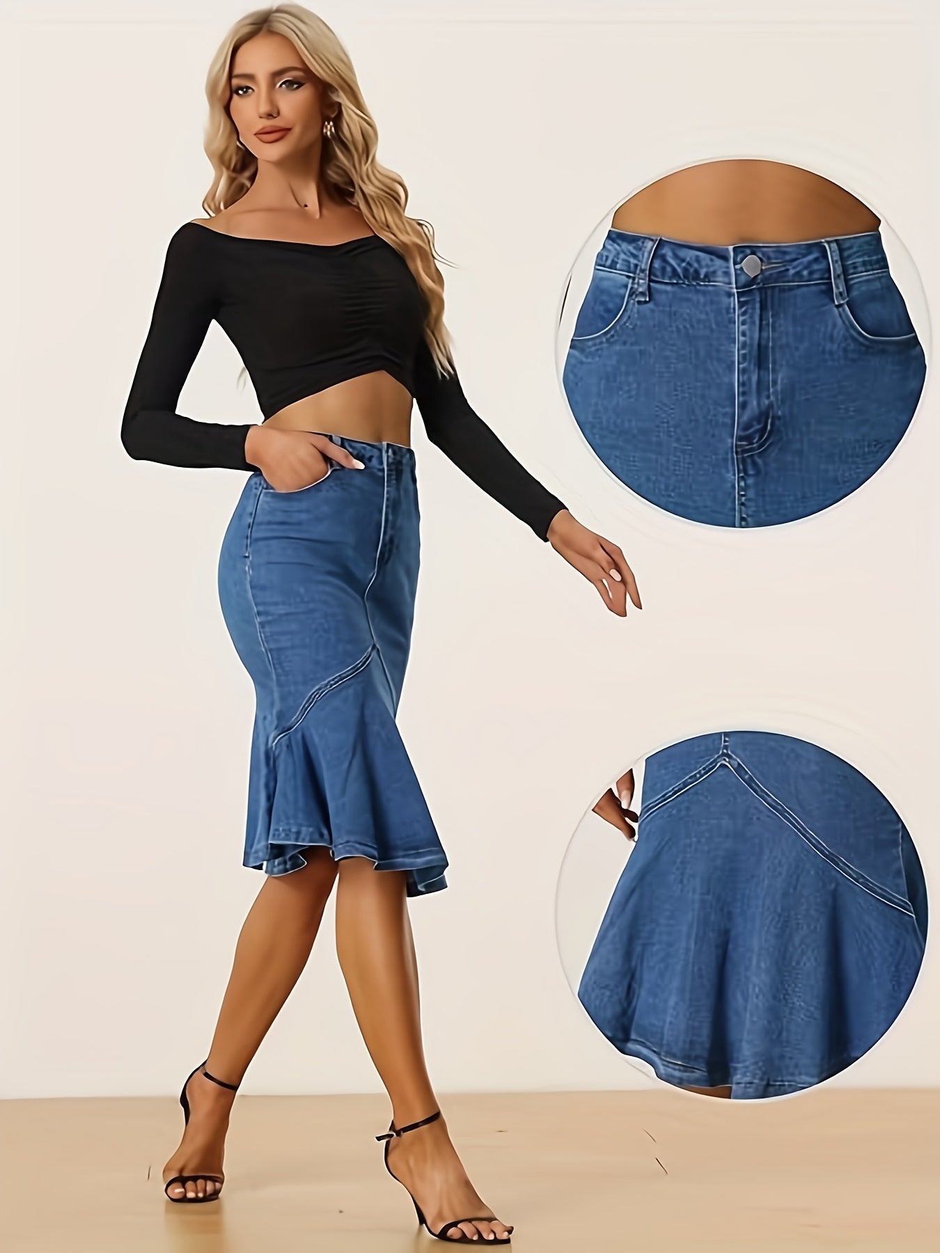 Plain Washed Blue Ruffled High-Rise Bodycon Denim Skirt