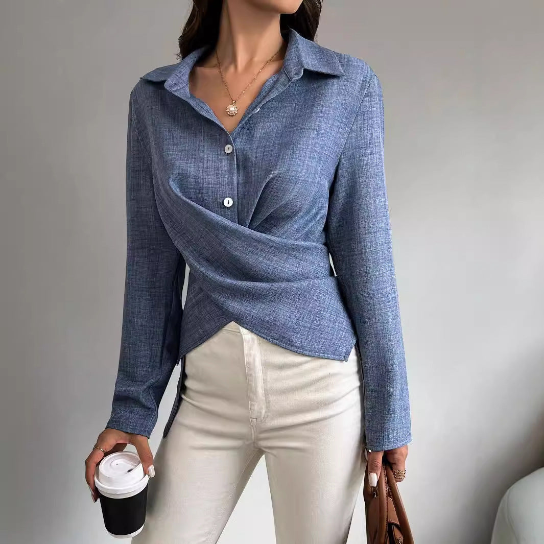 Long-Sleeved Cross-Tied Pleated Top