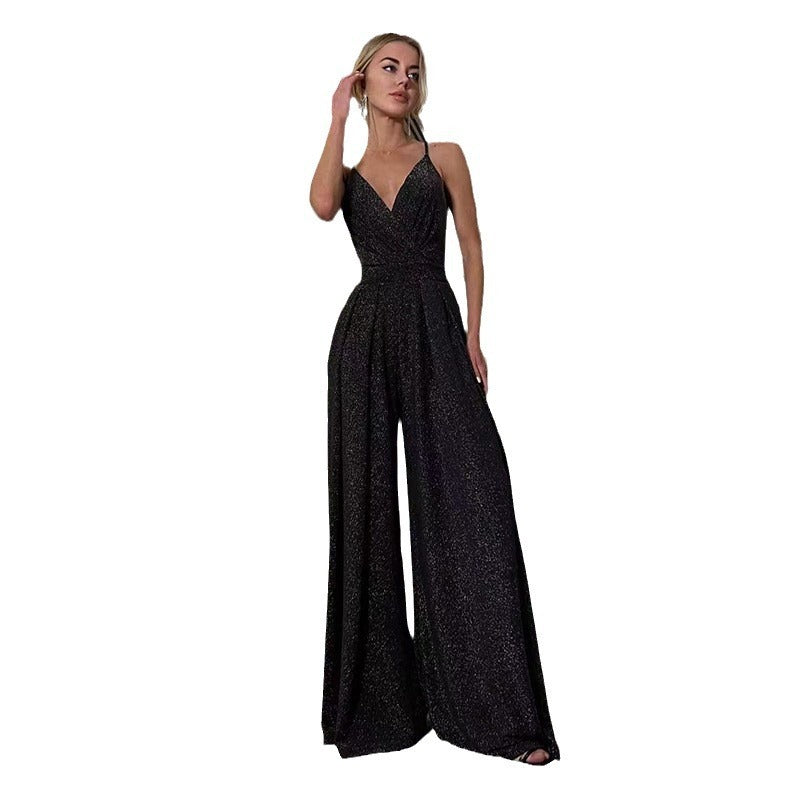 Sleeveless V-Neck Backless Wide-Leg Jumpsuit