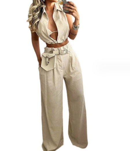 Lapel Solid-Colour Sleeveless Top Casual + Long Pants Set