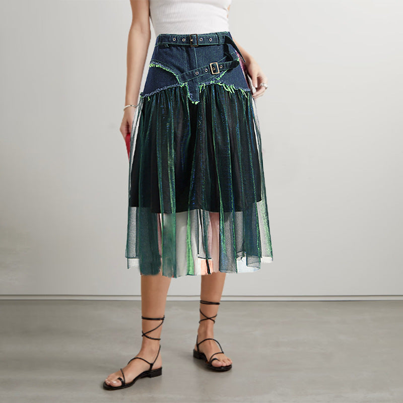 Denim Stitching Colourful Mesh Contrast-Colour High-Waist Slimming Midi A-Line Skirt