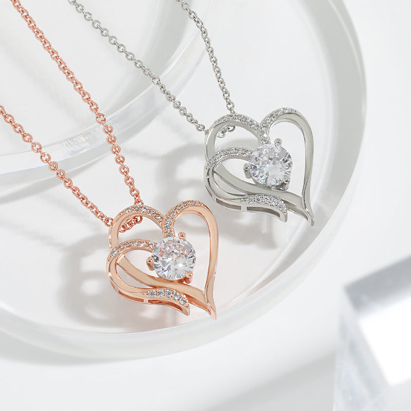 Zircon Double Love Necklace With Rhinestones - Personalised Heart-Shaped Necklace Clavicle Chain Jewellery For Women