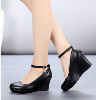 Fashion Ankle Strap High-Wedges Platform Casual Genuine Leather Black Work Shoes For Women