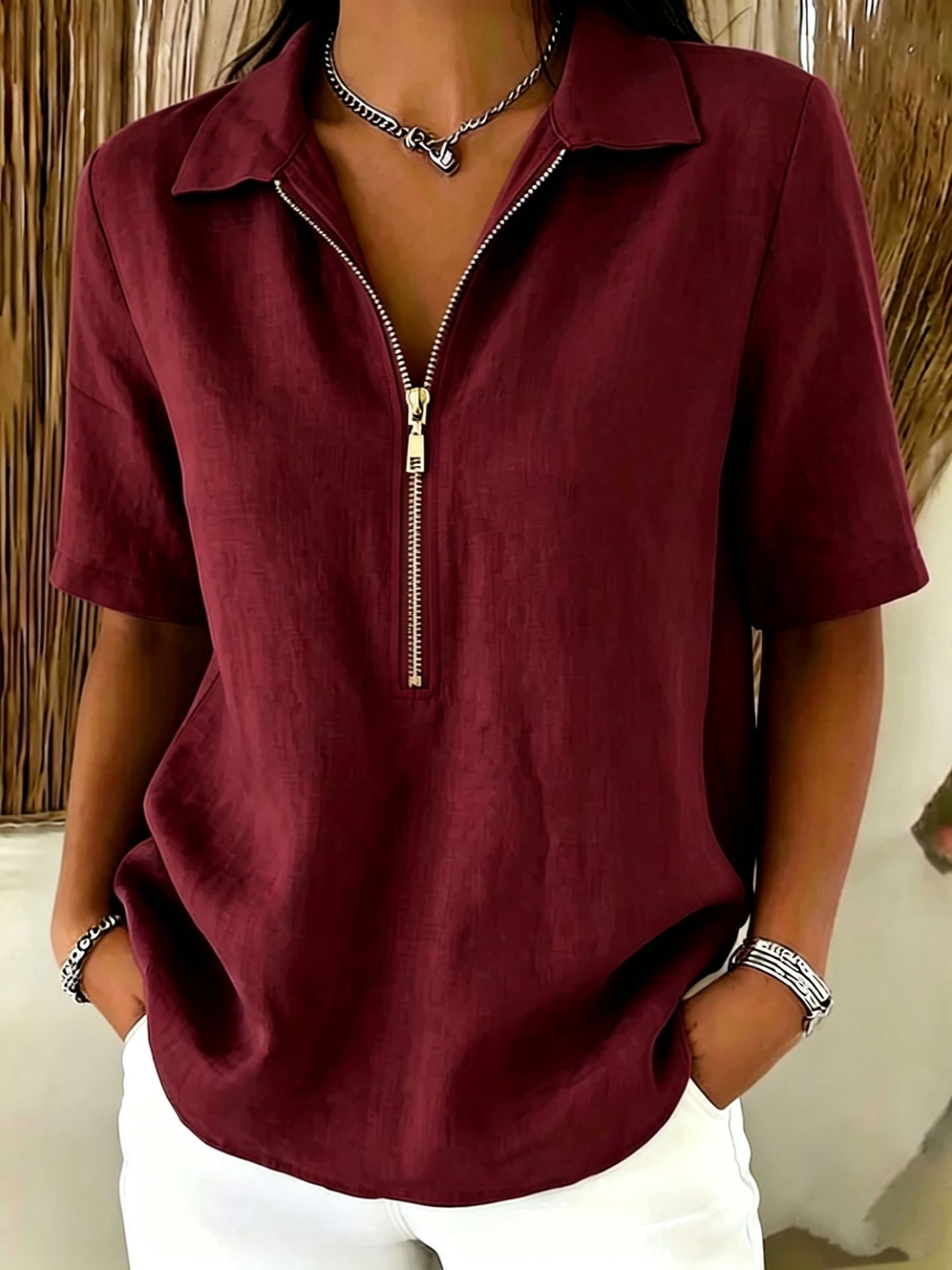 Solid-color Lapel-zip Mid-sleeve Womens Blouse