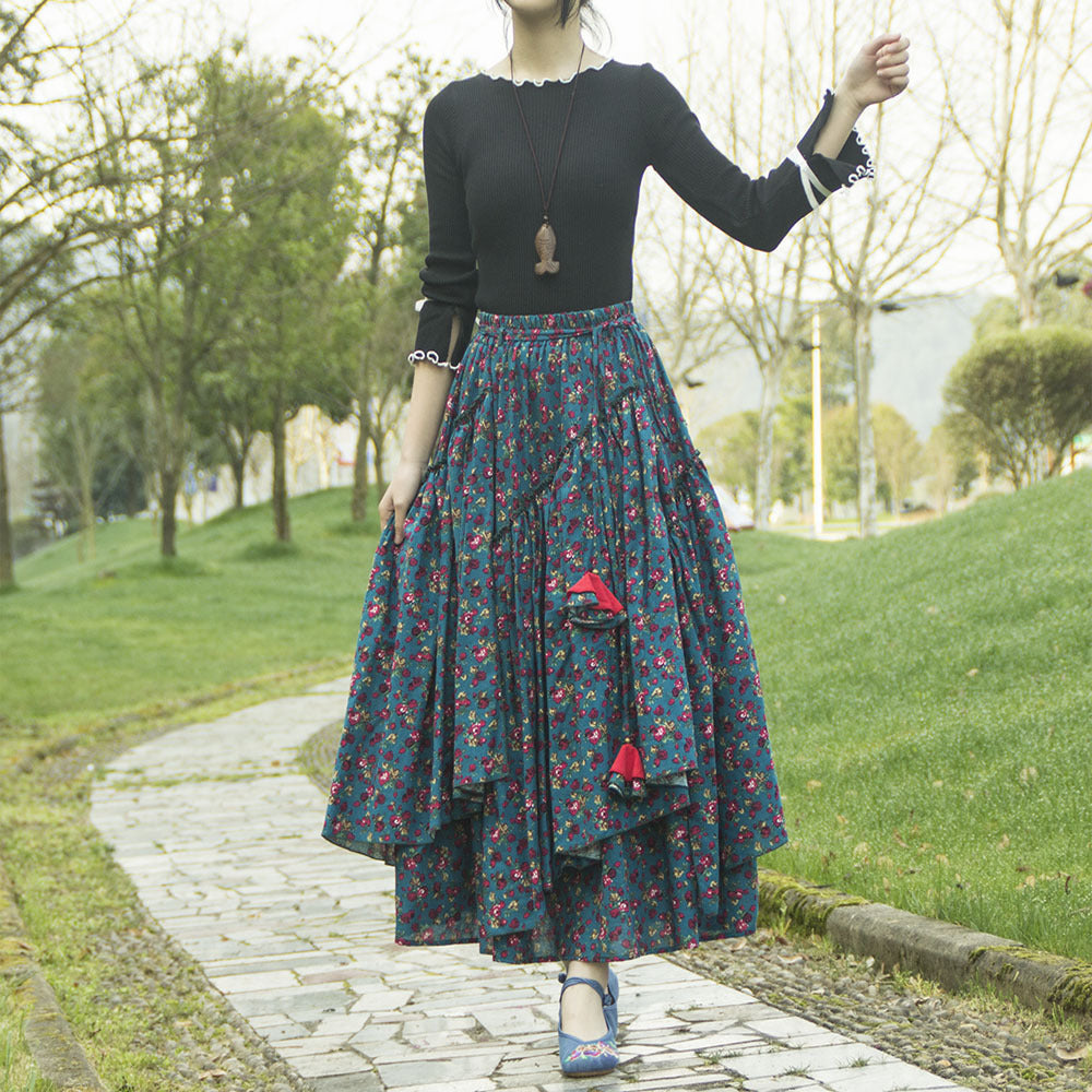 Ethnic-Style Cotton And Linen Printed Skirt