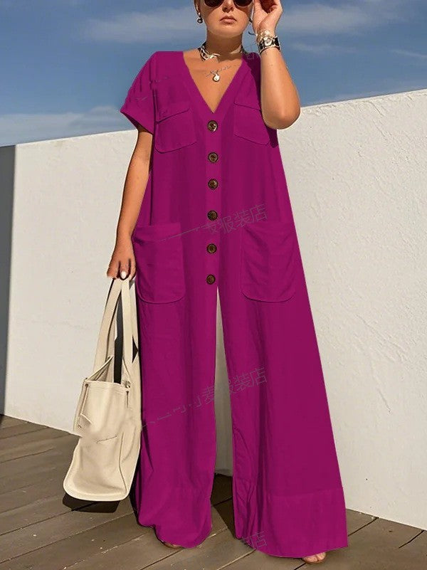 Elegant Single-Breasted Pocket Jumpsuit