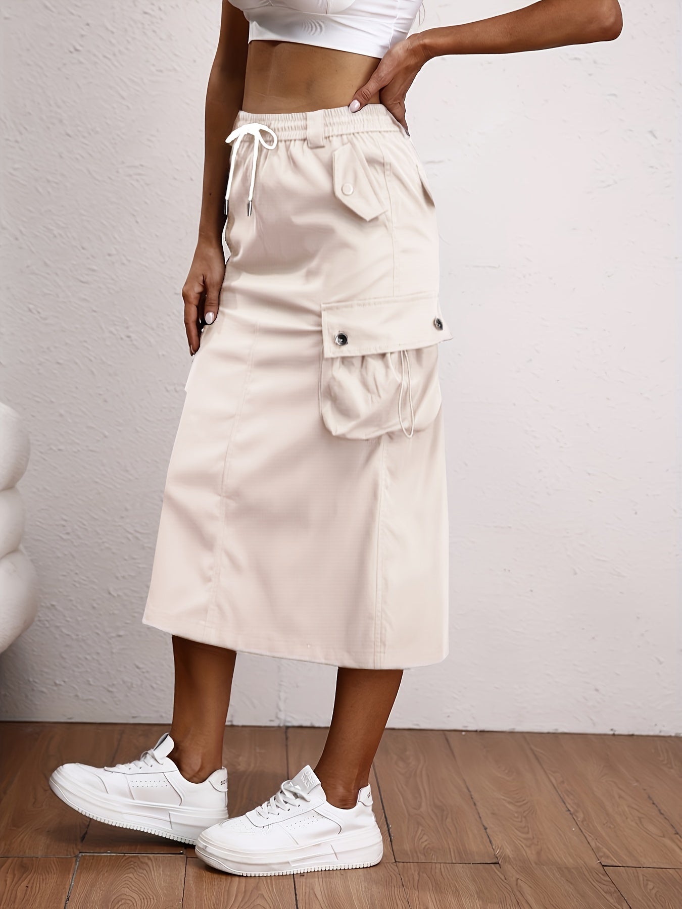 Solid Flap Pockets Skirt