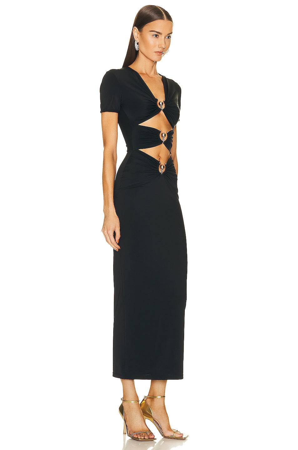High-Grade Metal Accessories Elegant Long Slim-Fit Short-Sleeve Bandage One-Piece Dress