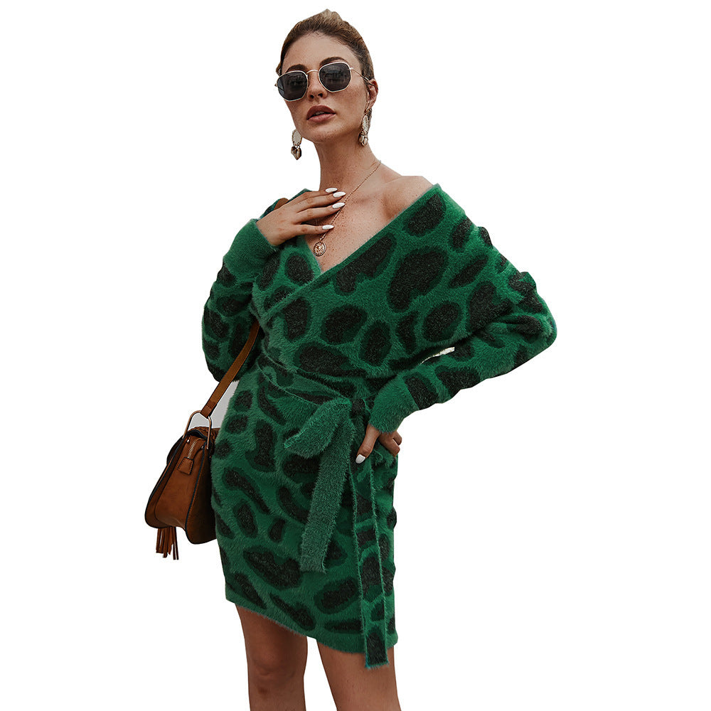 Leopard Print Woollen Long-Sleeve Dress