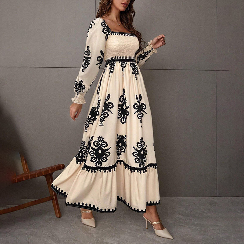 Elegant Retro Geometric Print Lantern-Sleeve Dress - US Only