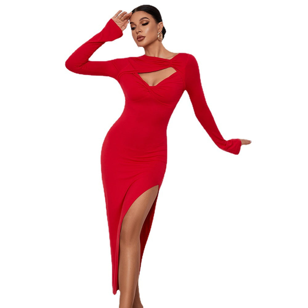 Hollow-Out Slit Long-Sleeve Dress