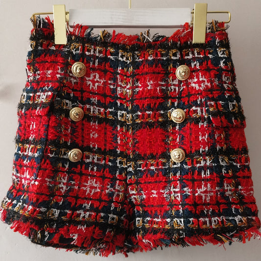 Buttoned Red-and-Black Blaid Tweed Shorts For Women