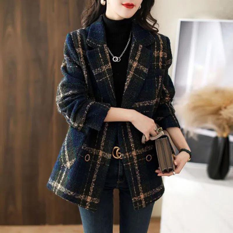 Slimming Retro Plaid Patchwork Coat - Wool Female Suit