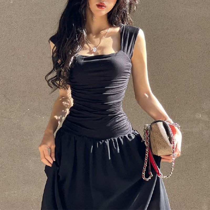 Square-Collar Pleated Large Swing Waist-Slimming Mesh Sling Dress