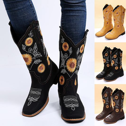 Sunflower Embroidery Cowboy Boots For Women - Low-Heel Western Boots