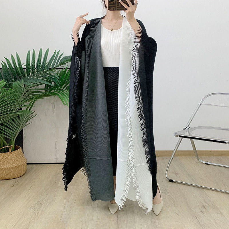 Pleated Fringe Cardigan Shawl Trench Coat
