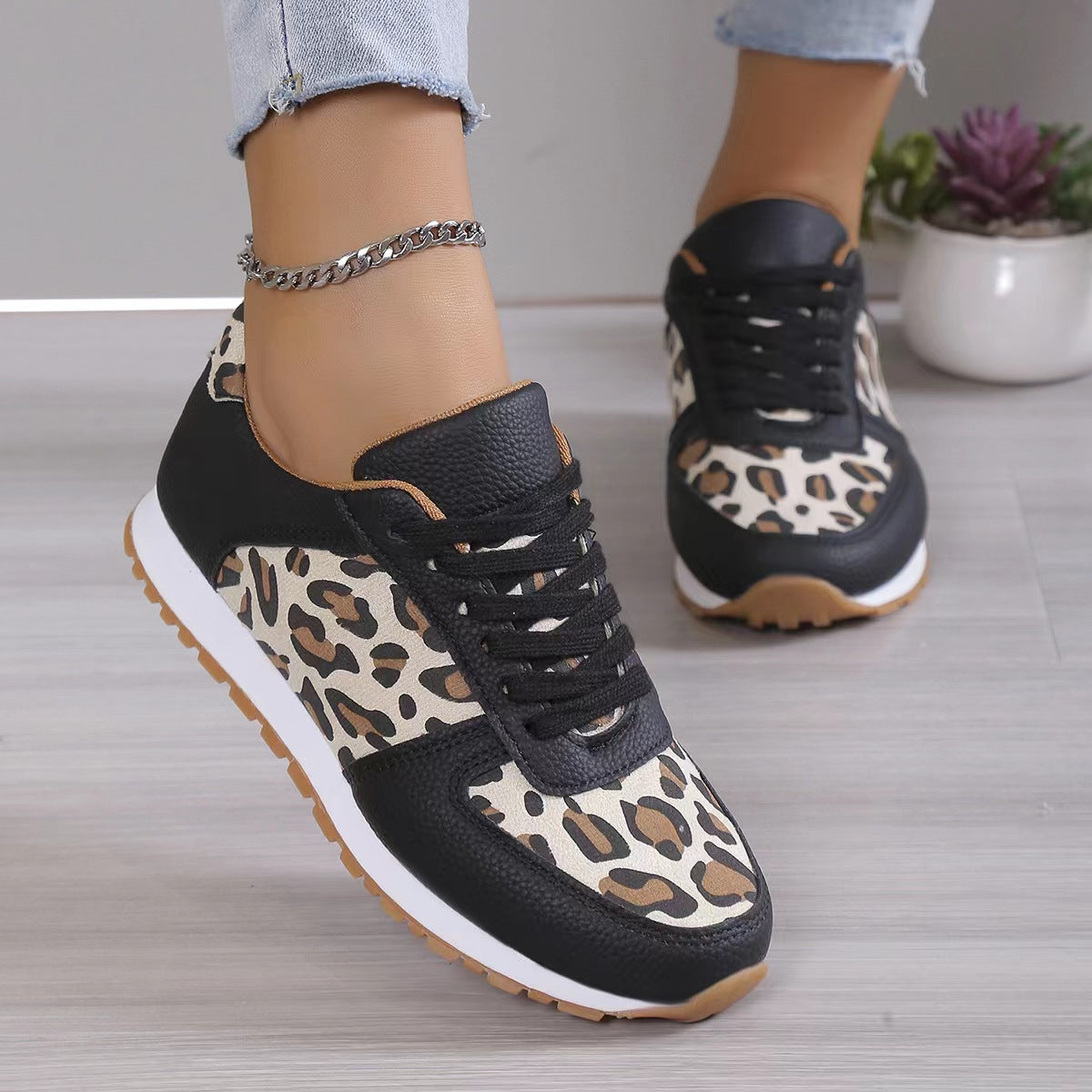 Leopard Print Lace-Up Sneakers For Women