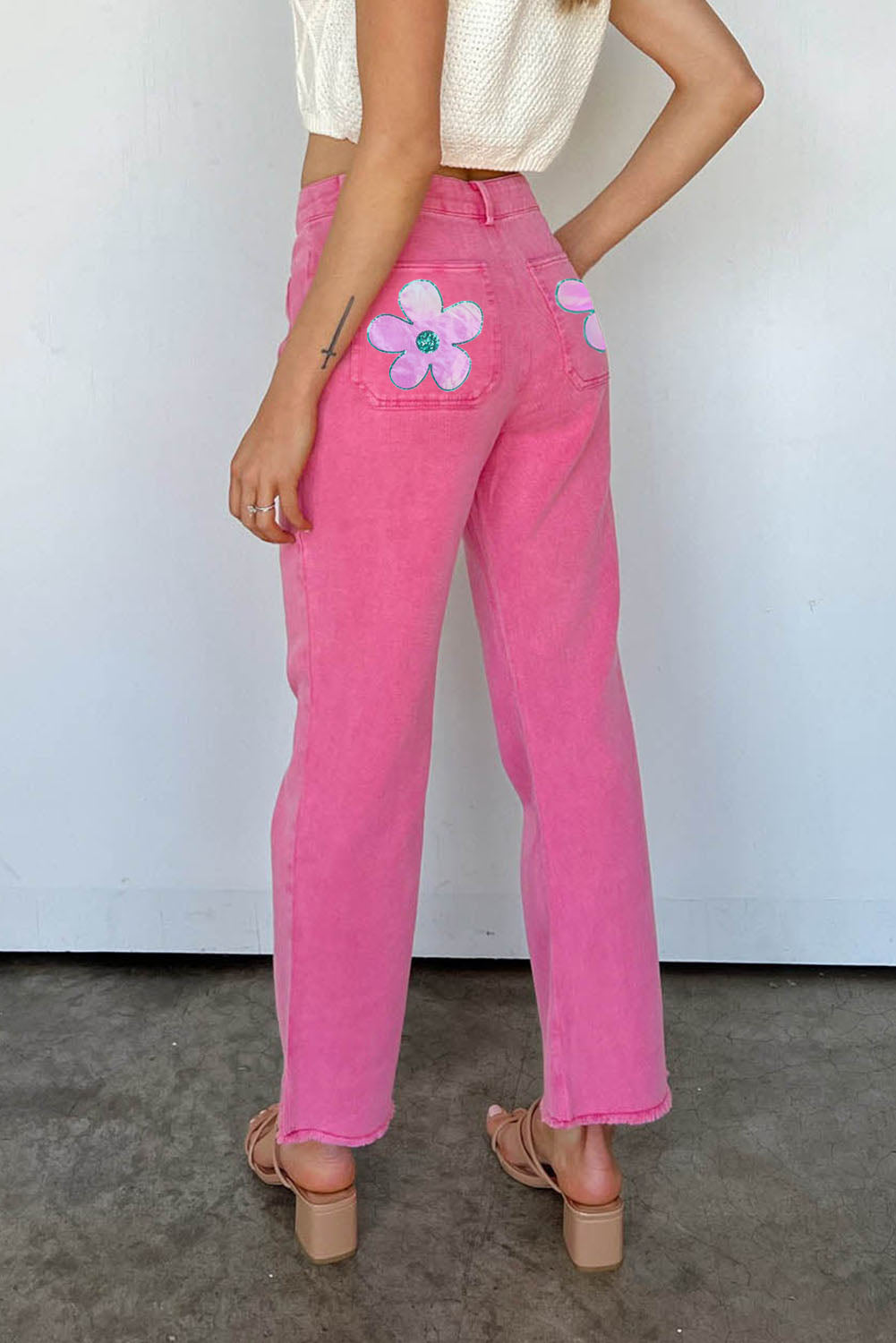 Pink Flower-Pattern Raw-Hem Flare Jeans