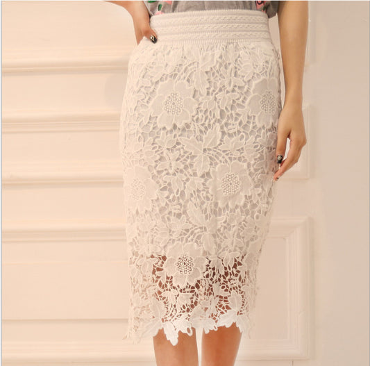 Elastic High-Waist Midi Skirt - Milk Silk Hollow-Out Lace Skirt