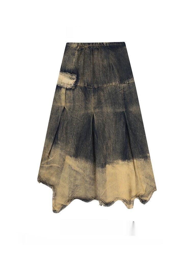 Distressed Raw-Edge Denim Skirt