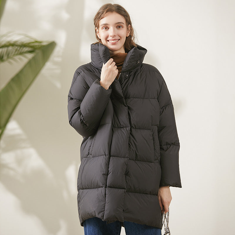 Standing-Collar Mid-Length Silhouette Down Jacket For Women