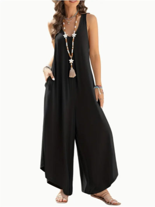 Casual Sleeveless V-Neck Jumpsuit With Pockets