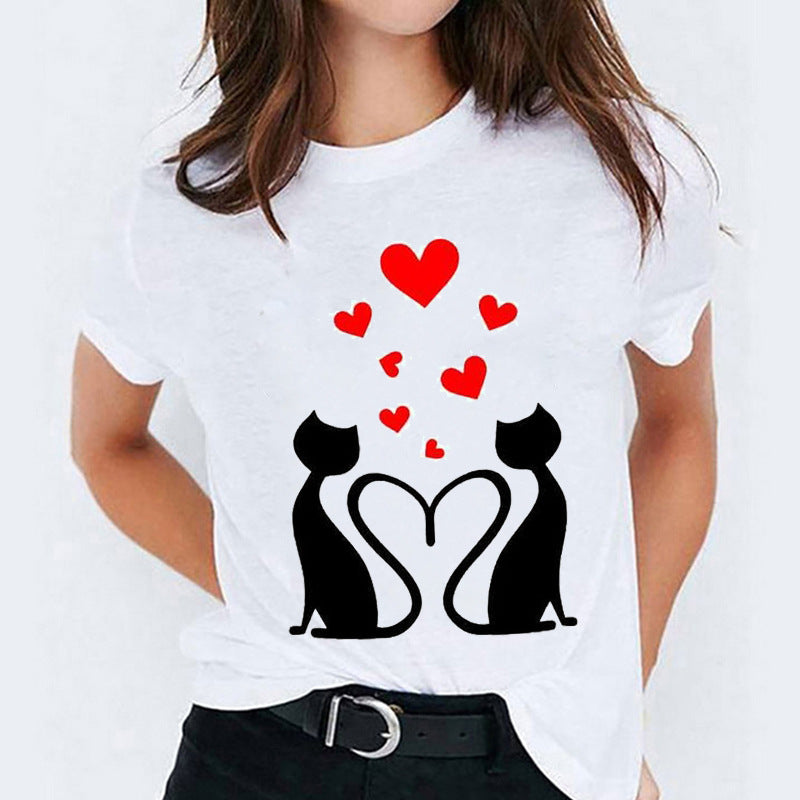 Cat Flamingo Round-Neck Print Short-Sleeve T-Shirt Short For Women