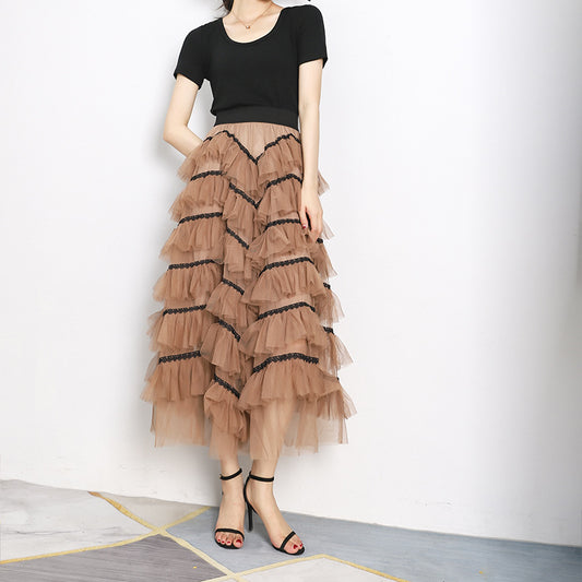 Layered Stitching Lace Mesh Swing Skirt