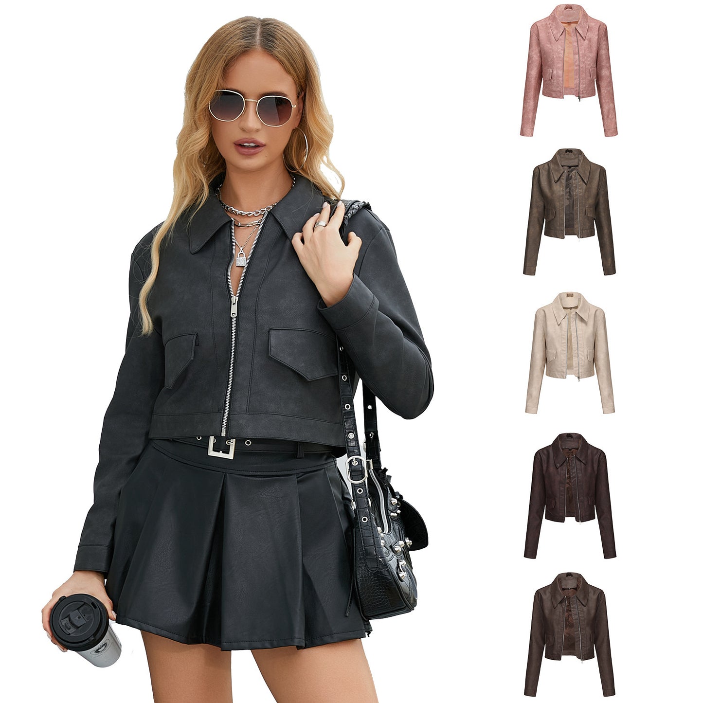 Women's Long-Sleeved Fashionable Faux Leather Jacket