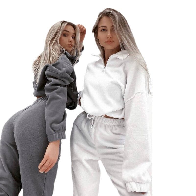 Loose Zipper Stand Up Collar Hoodie Two-piece Set