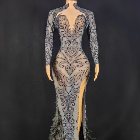 New  Beaded Tight Feather Long Jumpsuit Dress