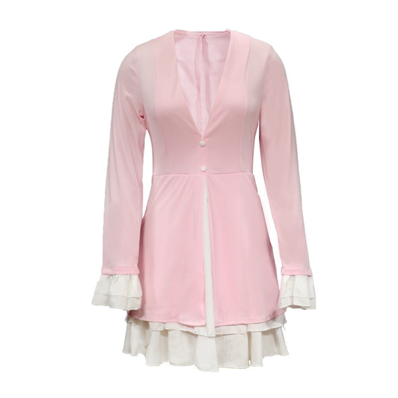 V-neck Flounce Splicing Fake Two Pieces Dress