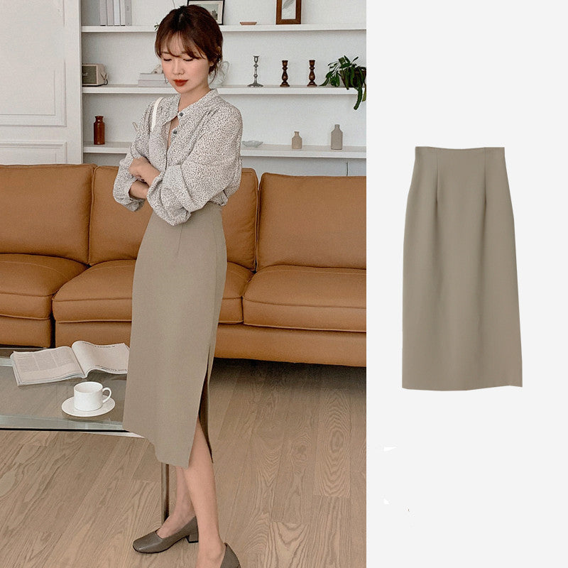 Retro A-line Slit Bag Hip Skirt High Waist Mid-length Skirt