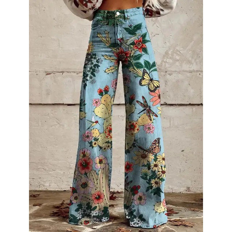 Printed High-Waist Loose Thin Imitation Denim Wide-Leg Pants